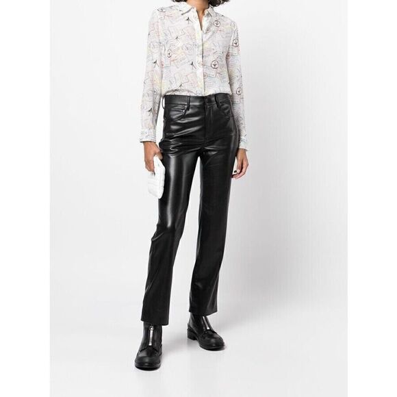 Alice + Olivia Willa Globe Trotter Travel Stamp Print Shirt Silk Top Postcard XS - Picture 1 of 7